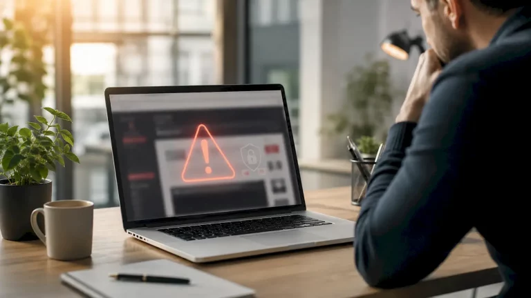 Besorgte Person vor einem Laptop mit Warnsymbol für eine gehackte oder gefährdete Website