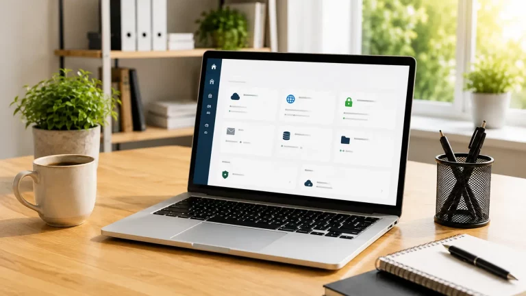 Laptop mit Webspace-Dashboard für Domains, E-Mail, SSL, Datenbanken und Backups.